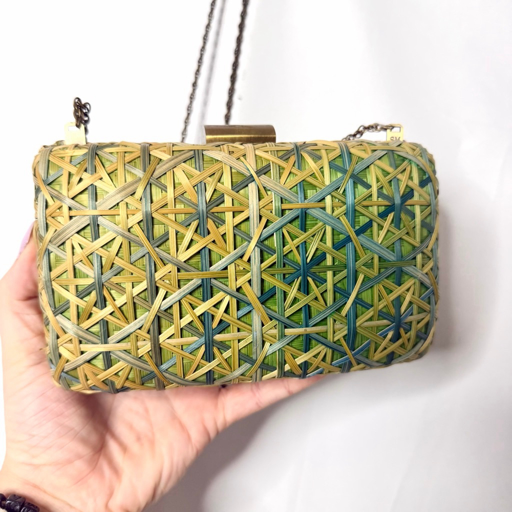 Serpui Marie Green Beige Straw Woven Clutch One Size